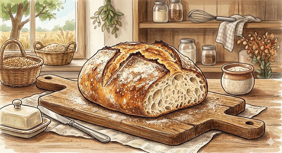 Sunday's sourdough loaf, sliced on a wooden cutting board with butter and flour dusted around